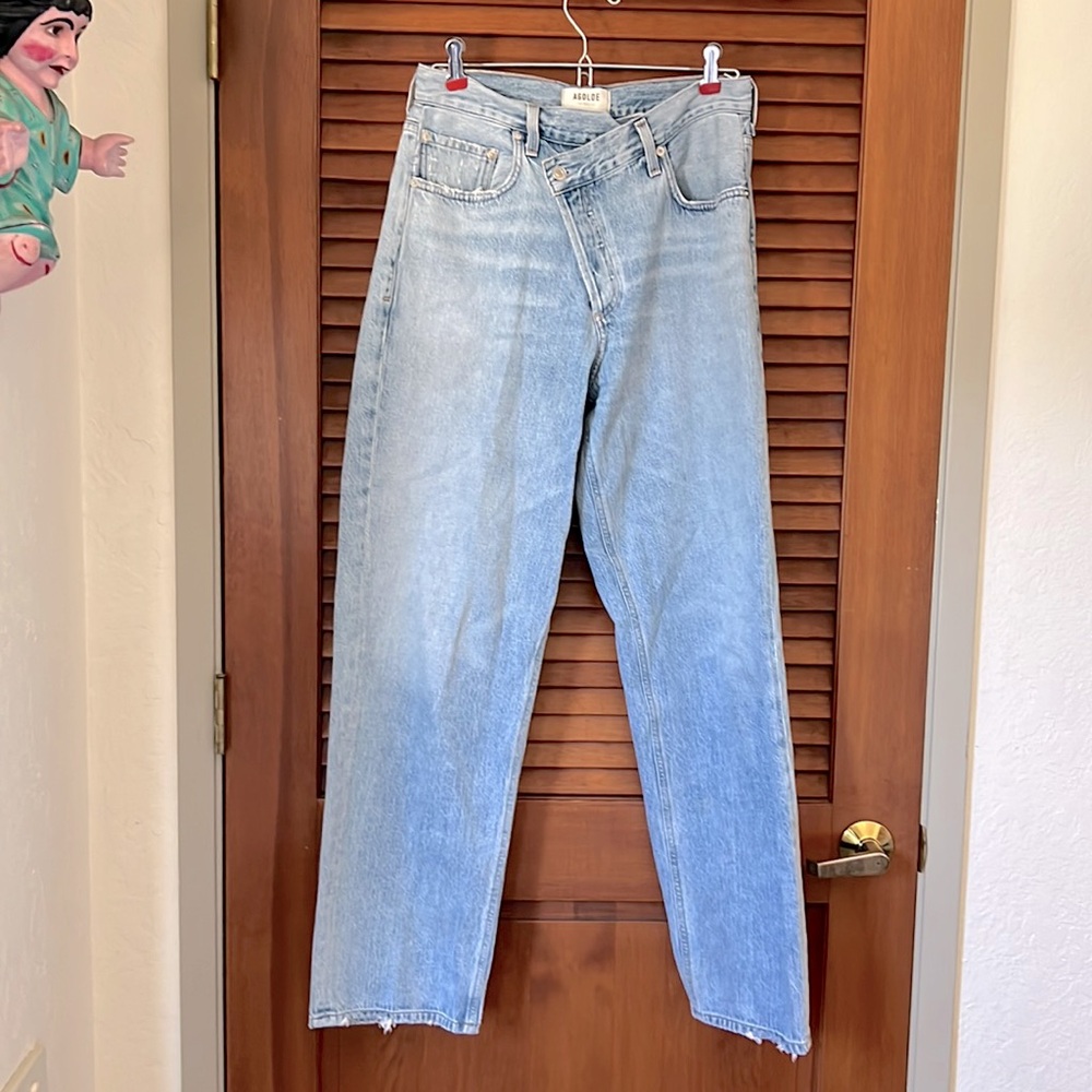 Agolde Criss Cross Waist Button Fly Light Wash Wide Leg High Waisted